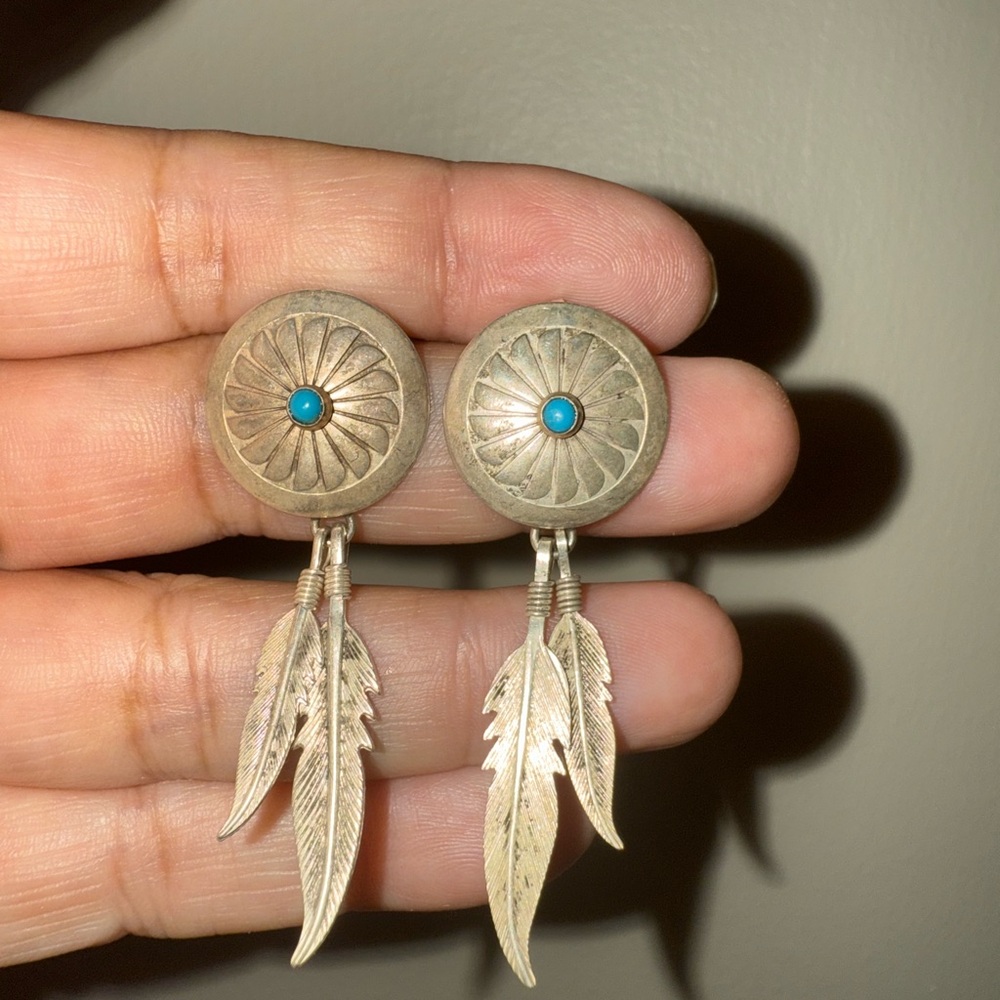 Silver and Turquoise Feather Earrings